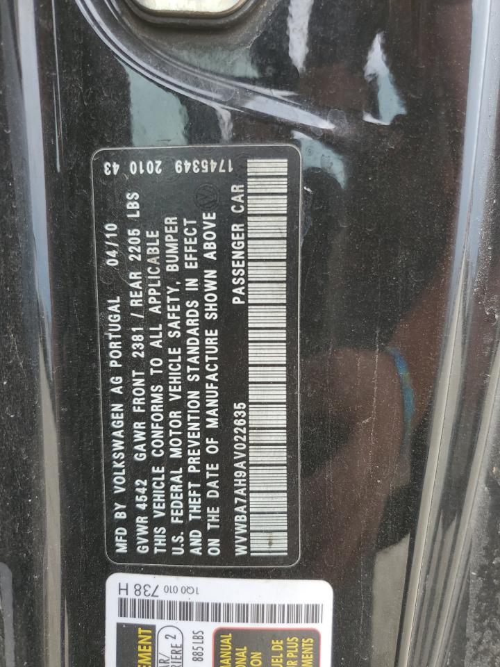 2010 Volkswagen Eos Turbo VIN: WVWBA7AH9AV022635 Lot: 69095564