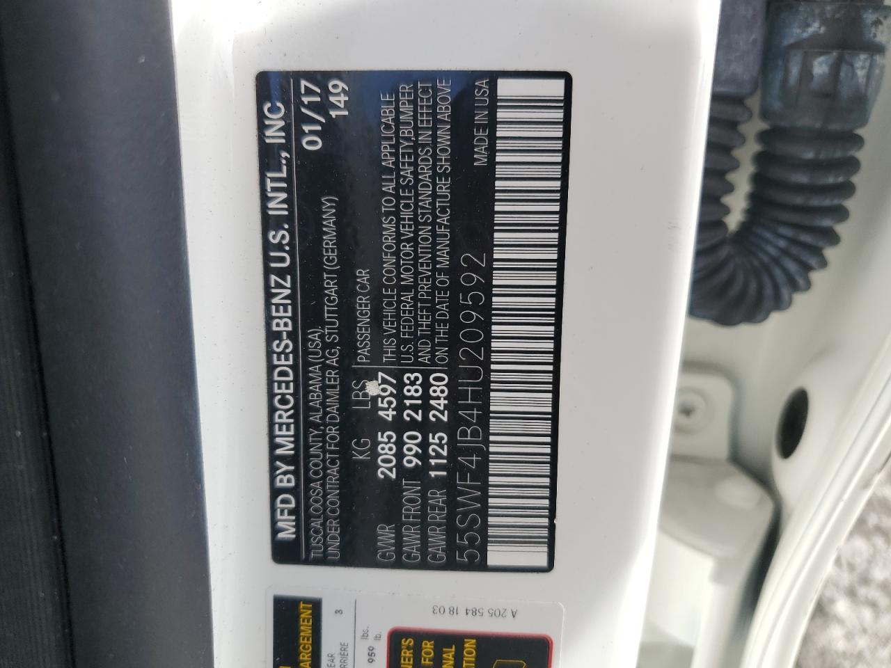 2017 Mercedes-Benz C 300 VIN: 55SWF4JB4HU209592 Lot: 68303274