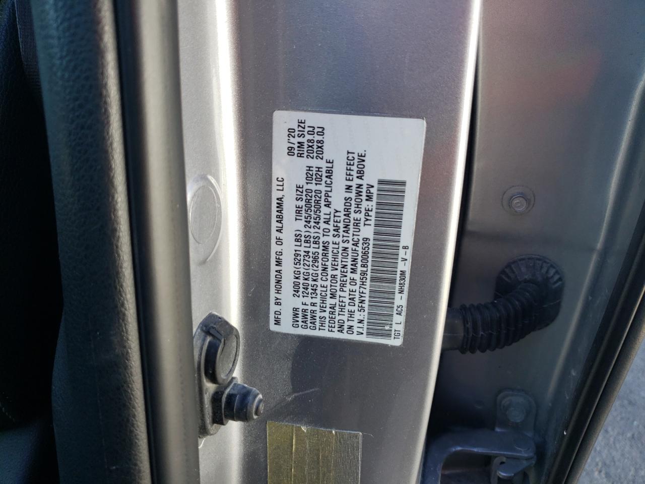 2020 Honda Passport Exl VIN: 5FNYF7H59LB006539 Lot: 67474034