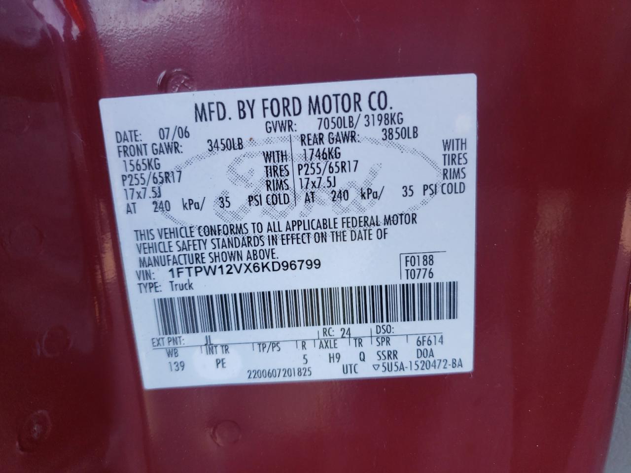 2006 Ford F150 Supercrew VIN: 1FTPW12VX6KD96799 Lot: 65665394