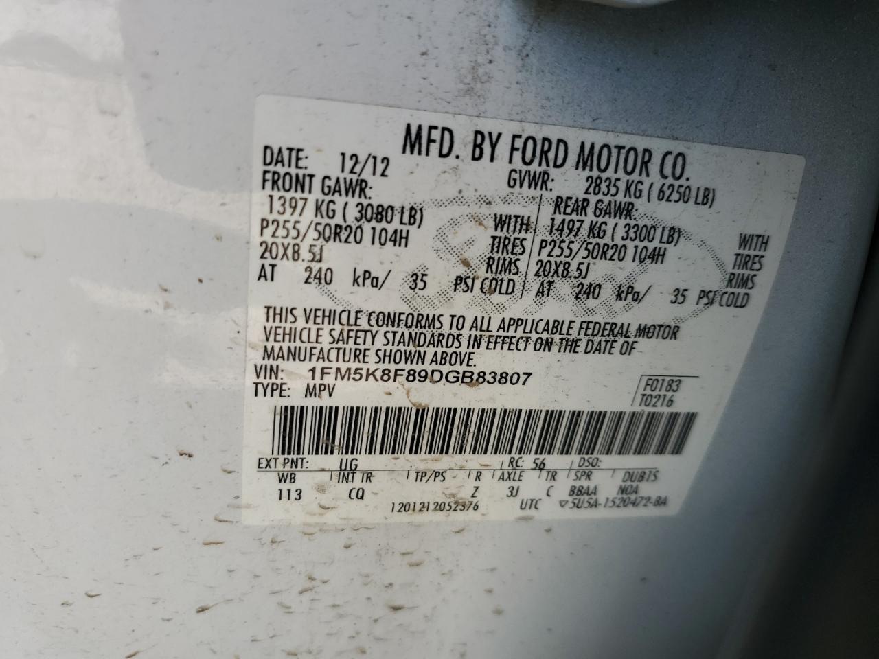 2013 Ford Explorer Limited VIN: 1FM5K8F89DGB83807 Lot: 68037944