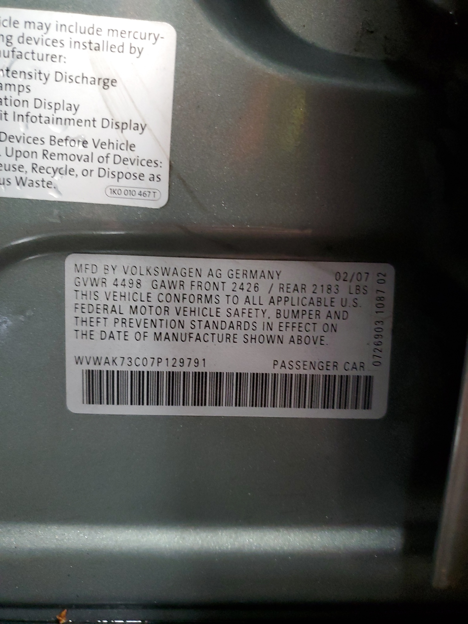 WVWAK73C07P129791 2007 Volkswagen Passat 2.0T