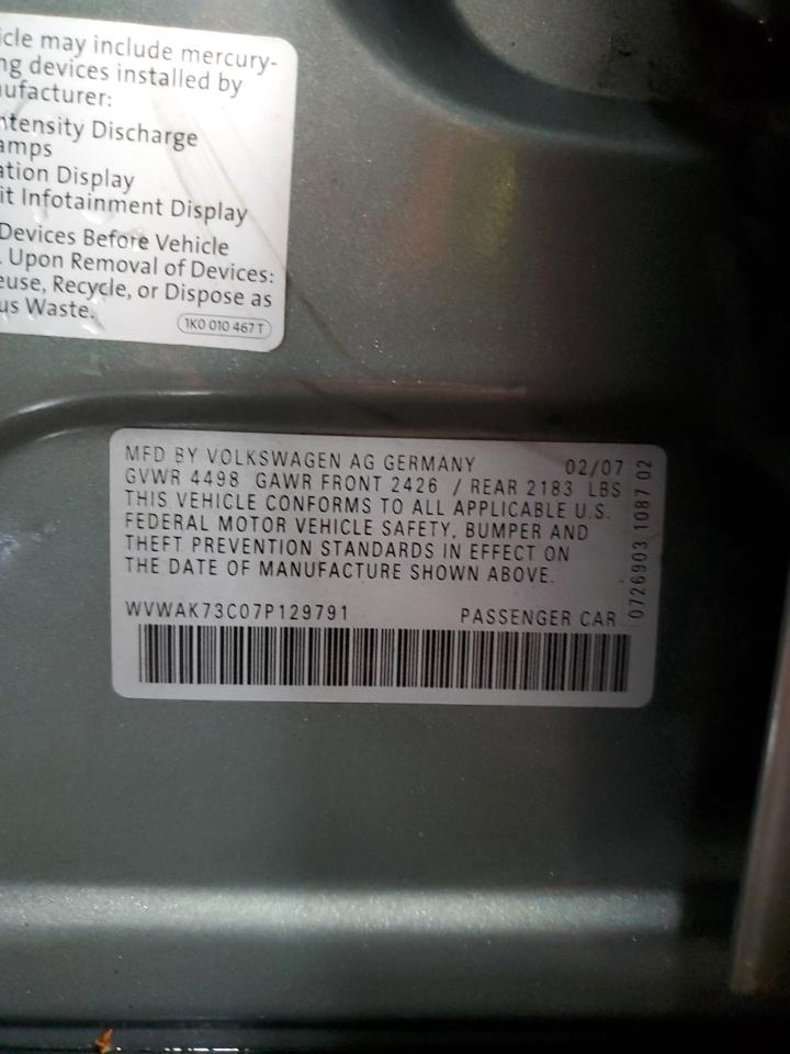 2007 Volkswagen Passat 2.0T VIN: WVWAK73C07P129791 Lot: 67313484