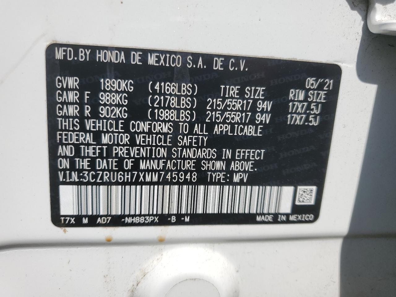 3CZRU6H7XMM745948 2021 Honda Hr-V Exl