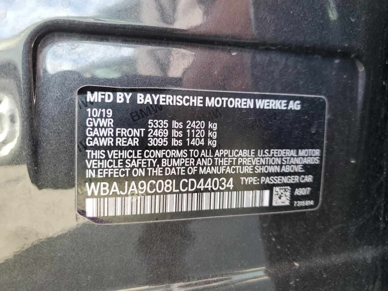 2020 BMW 530E VIN: WBAJA9C08LCD44034 Lot: 63664454