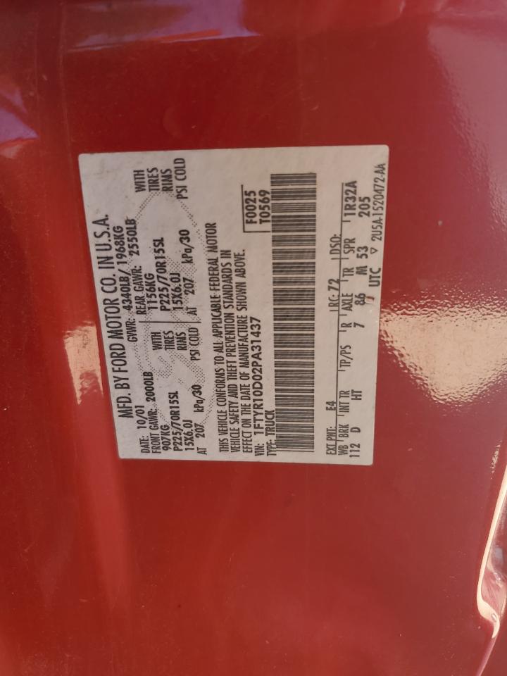 2002 Ford Ranger VIN: 1FTYR10D02PA31437 Lot: 66407654