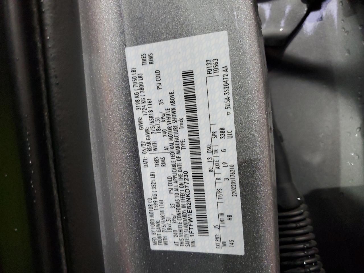 2022 Ford F150 Supercrew VIN: 1FTFW1E82NKD77230 Lot: 68062294