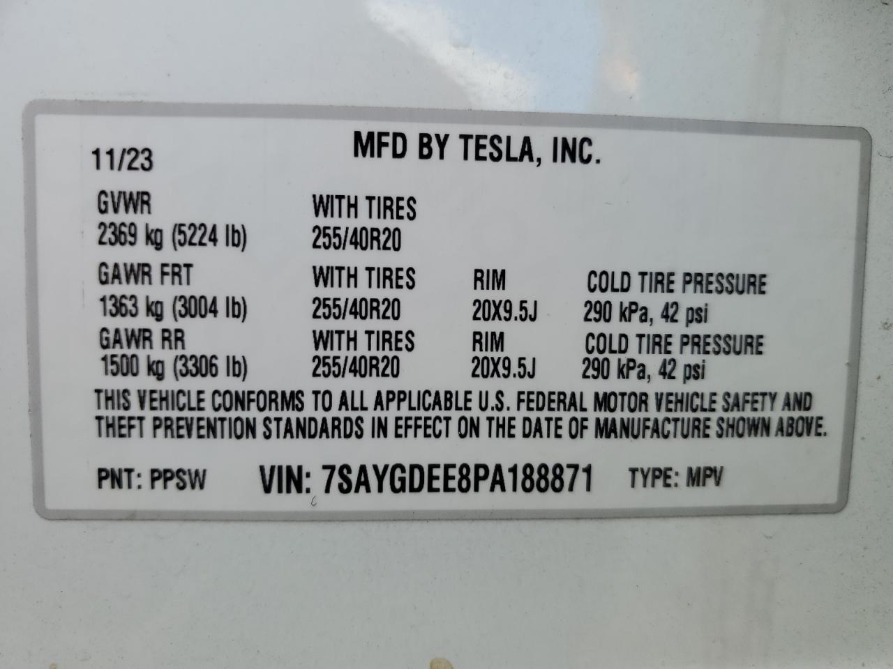 2023 Tesla Model Y VIN: 7SAYGDEE8PA188871 Lot: 66597894