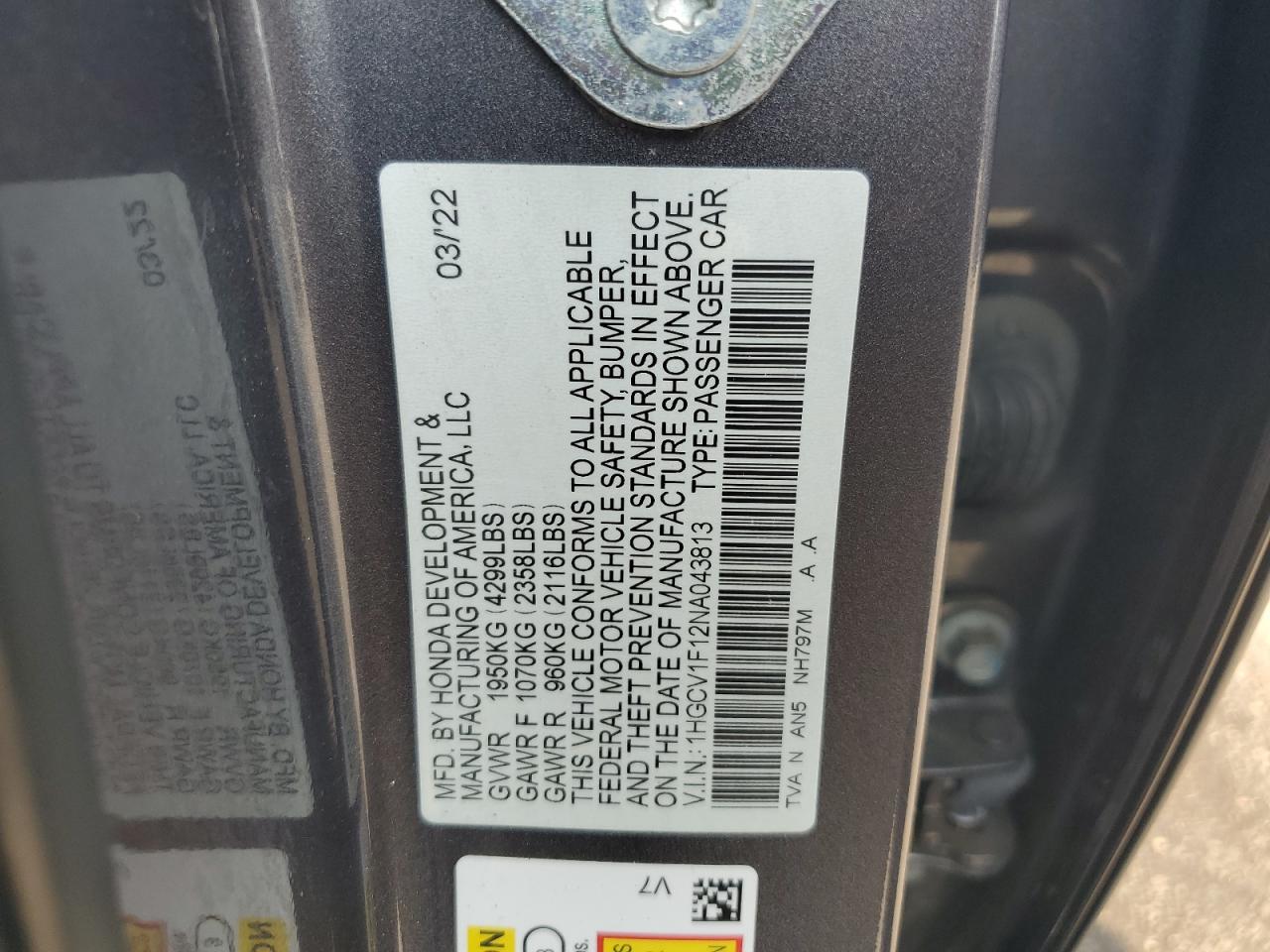 1HGCV1F12NA043813 2022 Honda Accord Lx