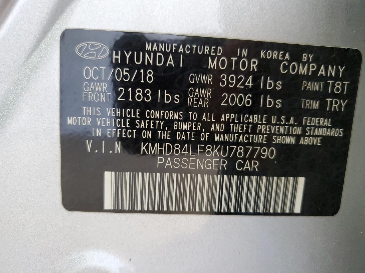 KMHD84LF8KU787790 2019 Hyundai Elantra Sel