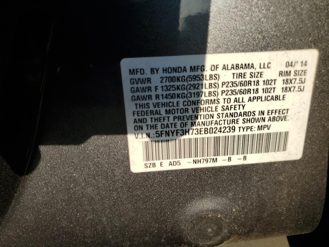 2014 Honda Pilot Exln VIN: 5FNYF3H73EB024239 Lot: 68520524