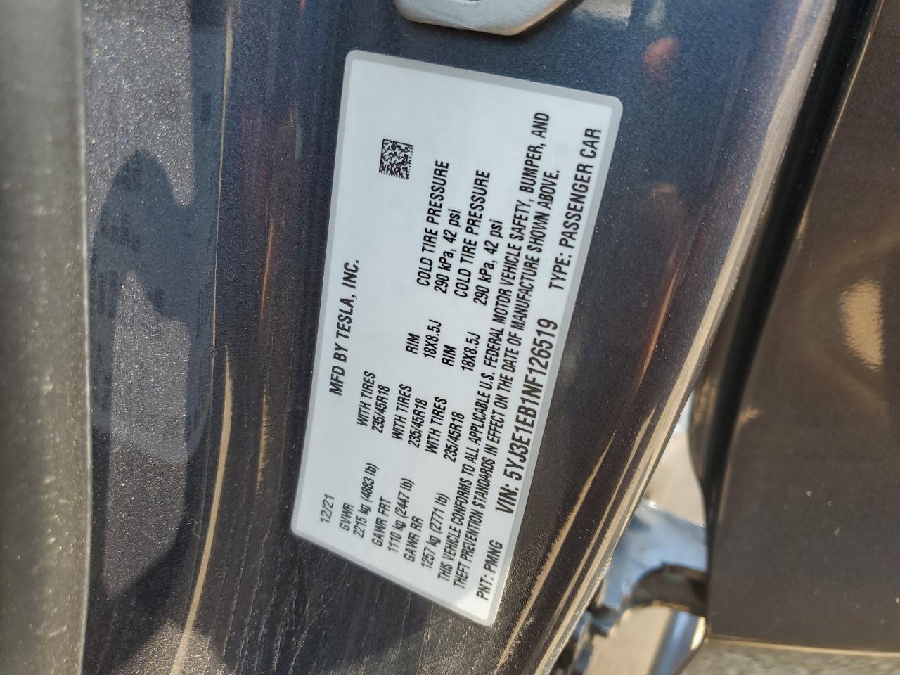 5YJ3E1EB1NF126519 2022 TESLA MODEL 3 - Image 12