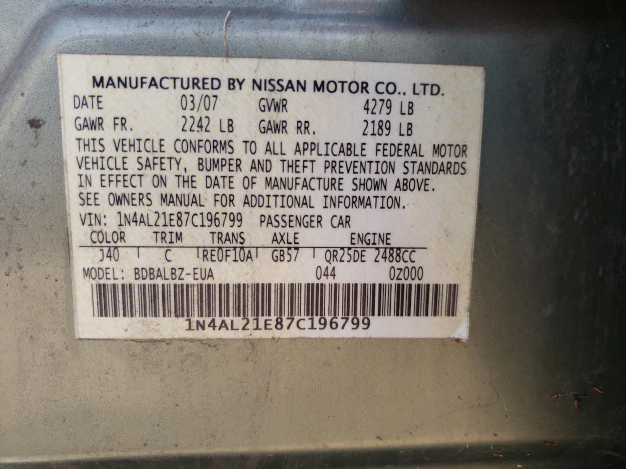 1N4AL21E87C196799 2007 Nissan Altima 2.5