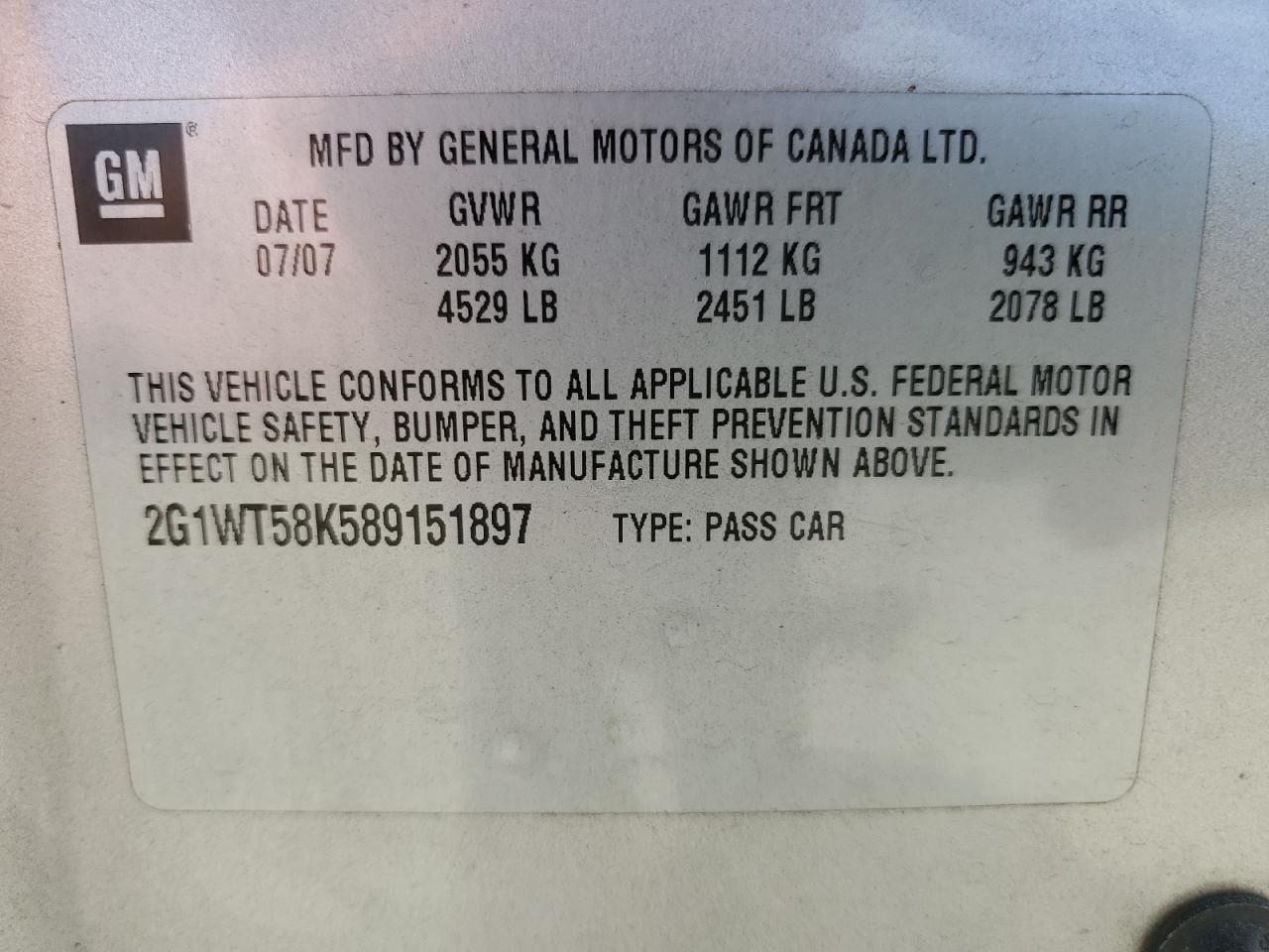 2G1WT58K589151897 2008 Chevrolet Impala Lt