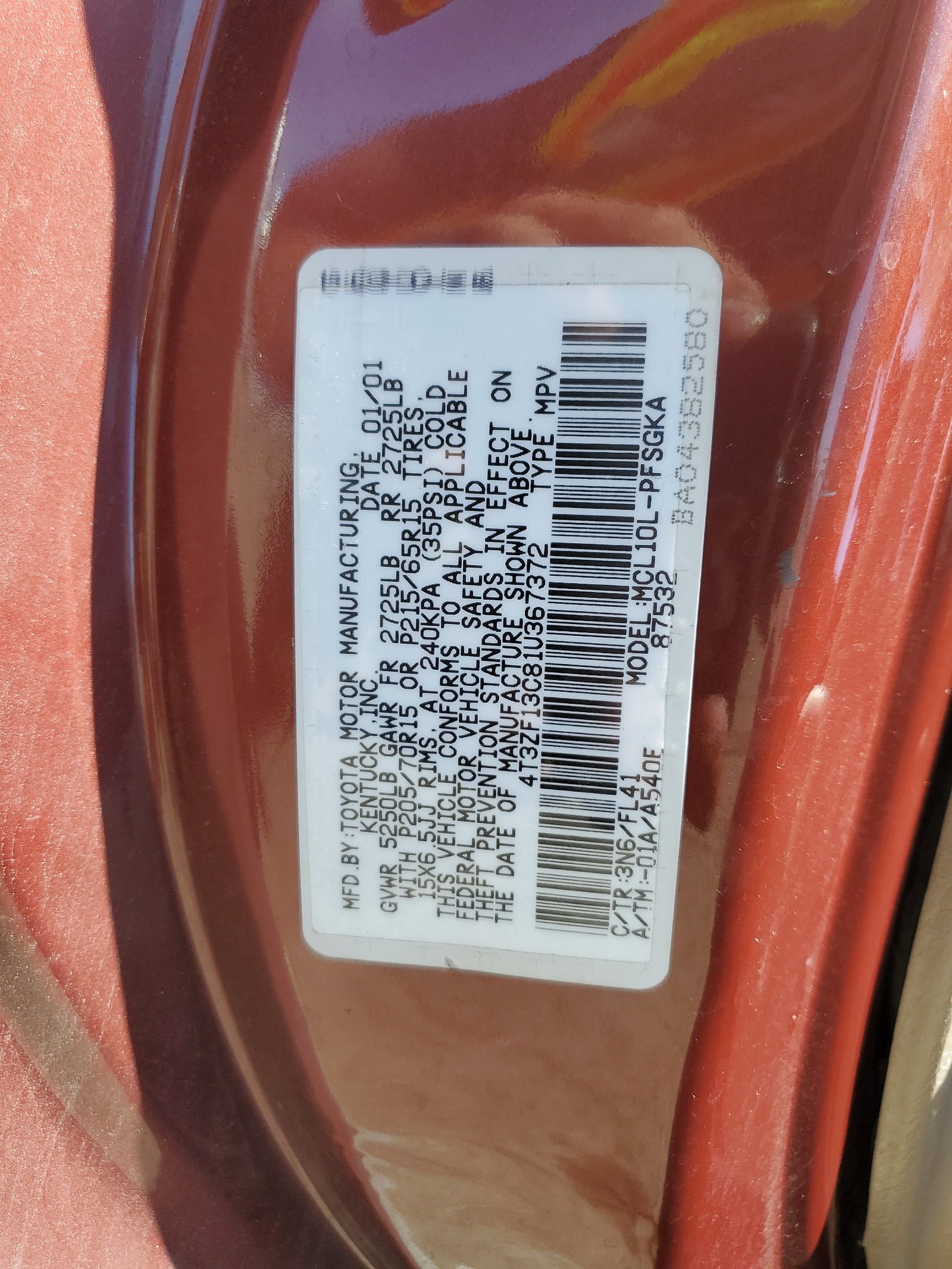 4T3ZF13C81U367372 2001 Toyota Sienna Le