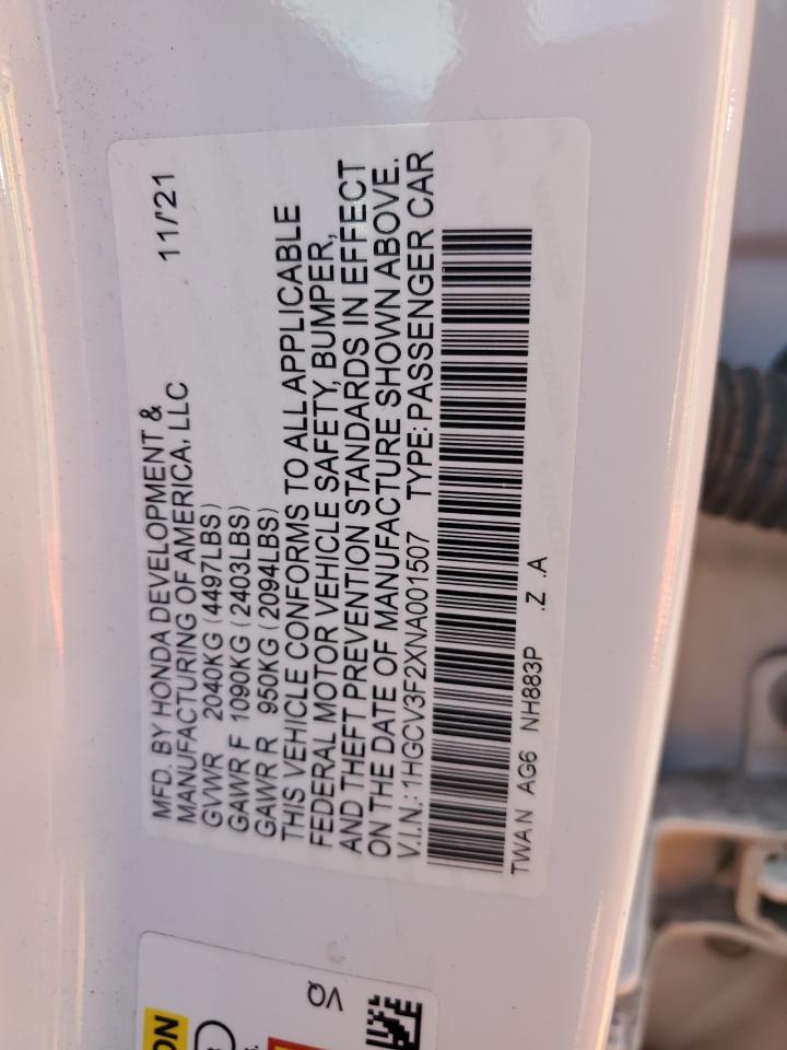 2022 Honda Accord Hybrid Sport VIN: 1HGCV3F2XNA001507 Lot: 66977594