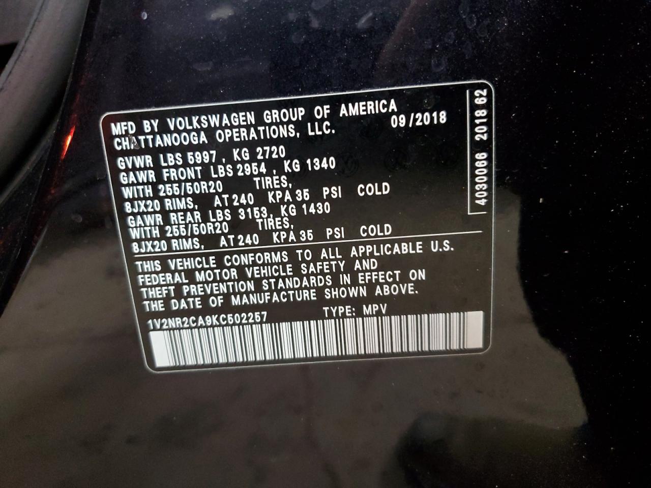 2019 Volkswagen Atlas Sel Premium VIN: 1V2NR2CA9KC502257 Lot: 66985174