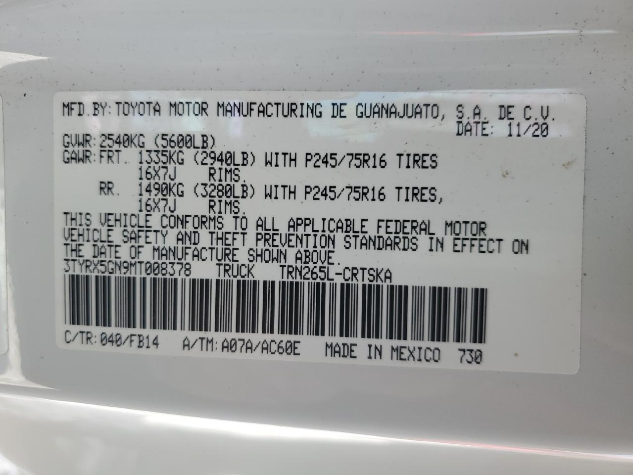 2021 Toyota Tacoma Access Cab VIN: 3TYRX5GN9MT008378 Lot: 67977124