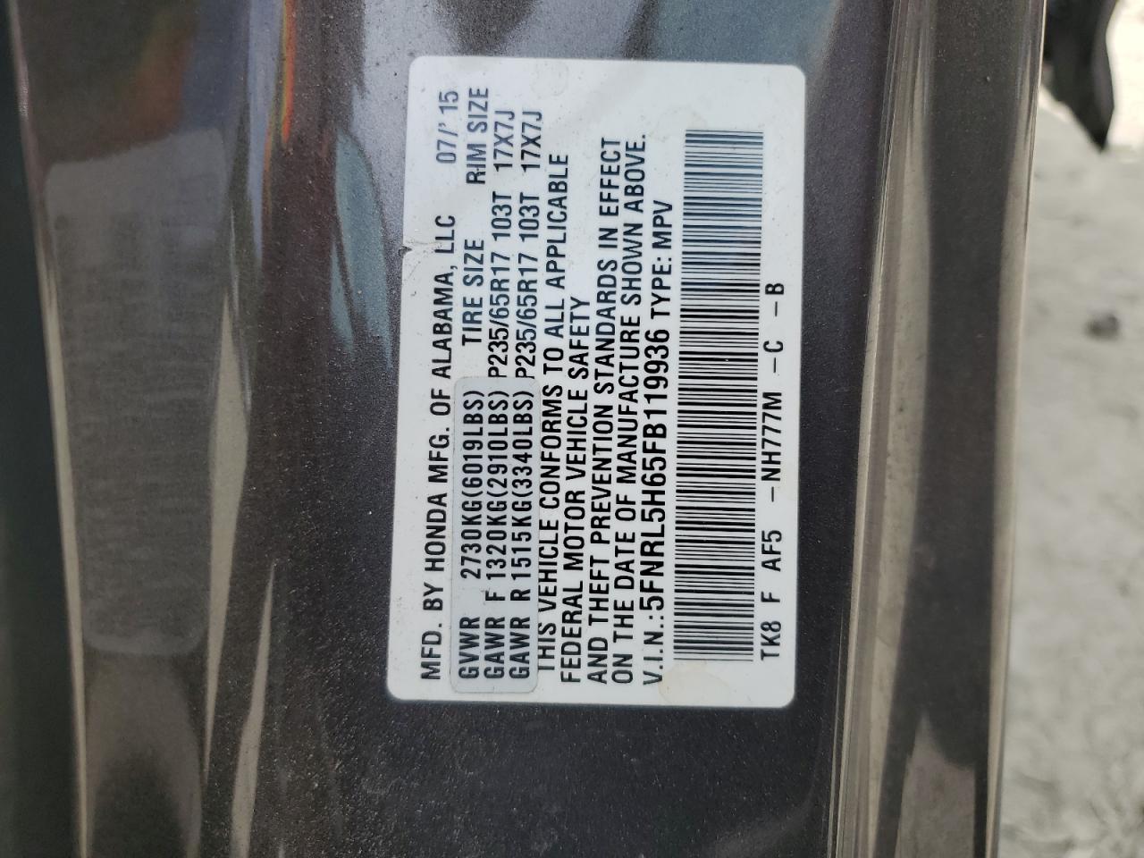 5FNRL5H65FB119936 2015 Honda Odyssey Exl