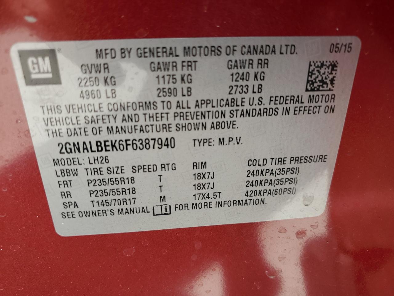 2GNALBEK6F6387940 2015 Chevrolet Equinox Lt