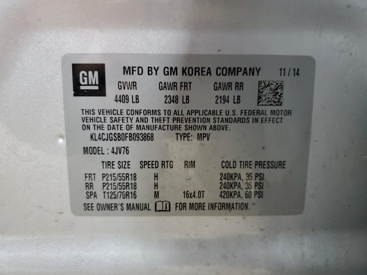 2015 BUICK ENCORE with REAR END damage, VIN KL4CJGSB0FB093868