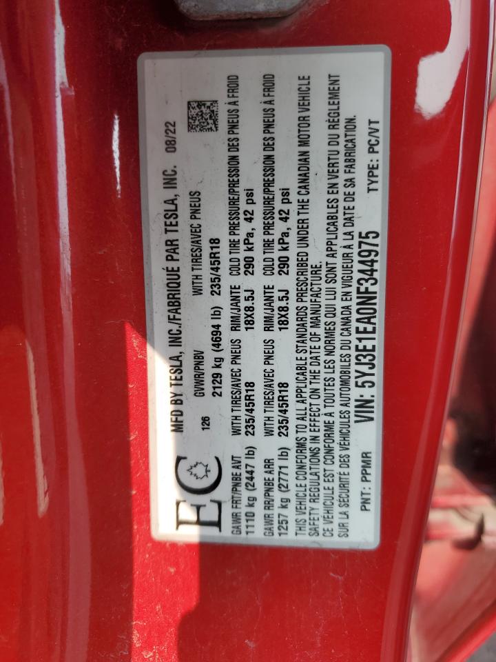 5YJ3E1EA0NF344975 2022 Tesla Model 3