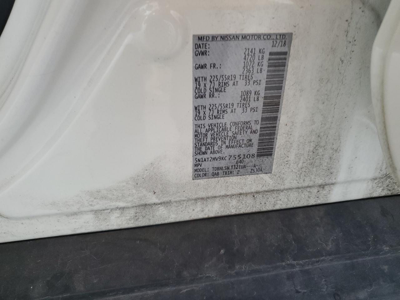 2019 Nissan Rogue S VIN: 5N1AT2MV9KC755108 Lot: 65841924