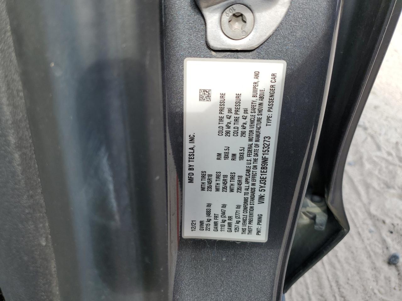 2022 Tesla Model 3 VIN: 5YJ3E1EB9NF153273 Lot: 66593774