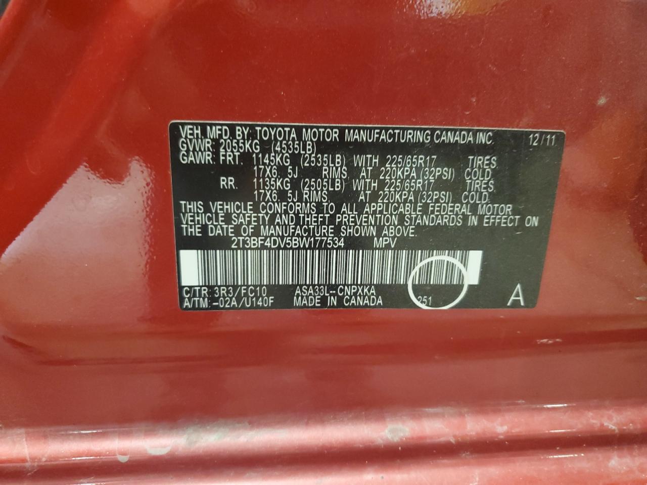 2011 Toyota Rav4 VIN: 2T3BF4DV5BW177534 Lot: 67294034