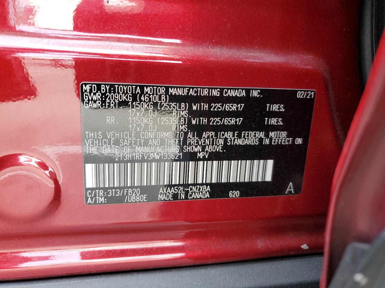 2T3H1RFV3MW133621 2021 Toyota Rav4 Le