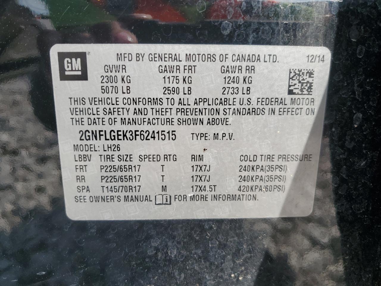 2GNFLGEK3F6241515 2015 Chevrolet Equinox Lt