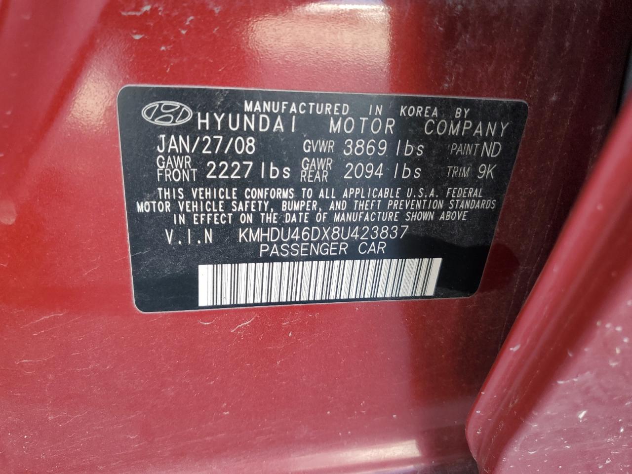 2008 Hyundai Elantra Gls VIN: KMHDU46DX8U423837 Lot: 63561784
