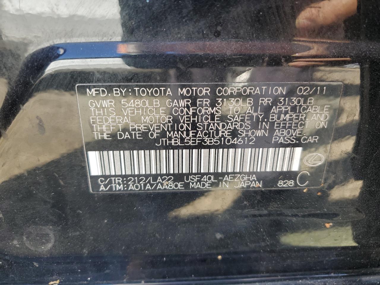 2011 Lexus Ls 460 VIN: JTHBL5EF3B5104612 Lot: 65920124