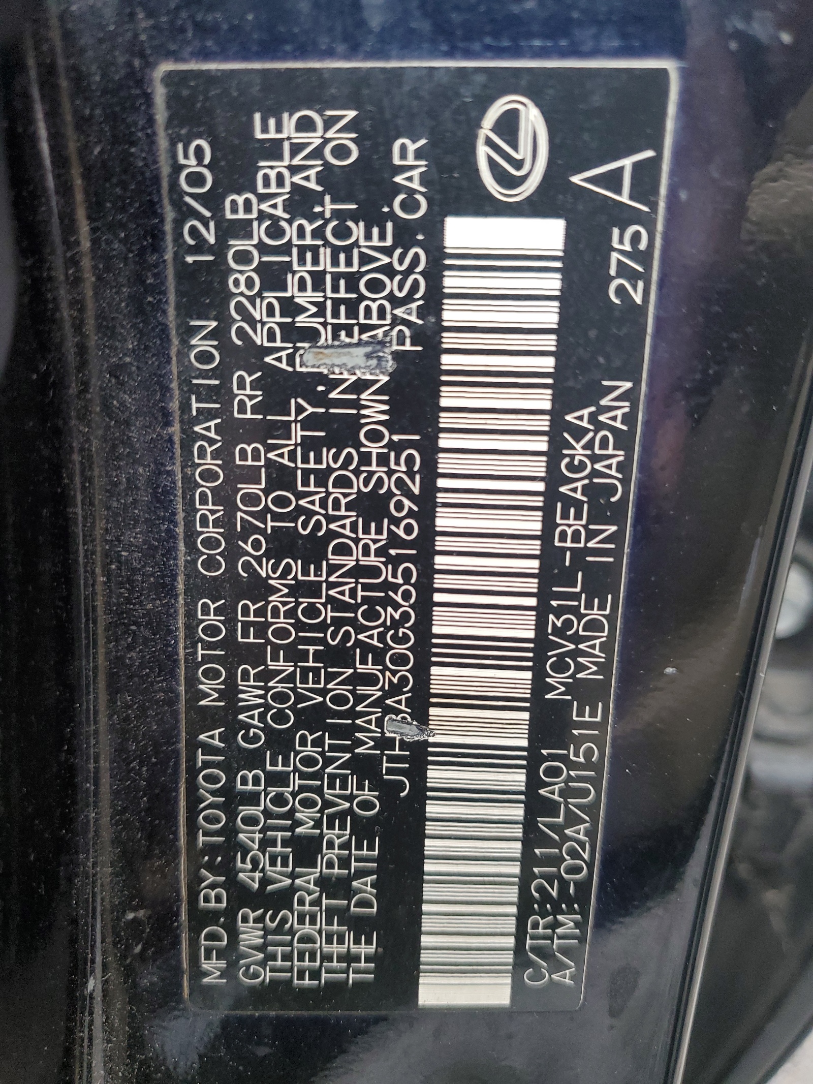 JTHBA30G365169251 2006 Lexus Es 330