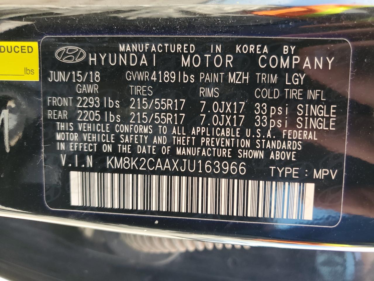 KM8K2CAAXJU163966 2018 Hyundai Kona Sel