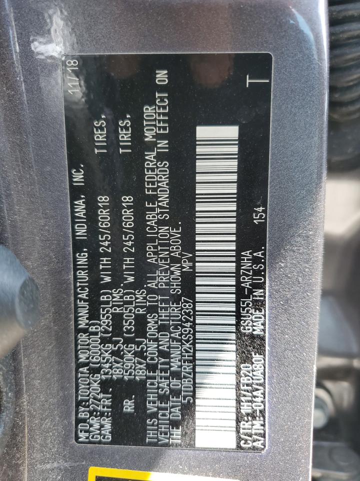 2019 Toyota Highlander Le VIN: 5TDBZRFH2KS942387 Lot: 68226844