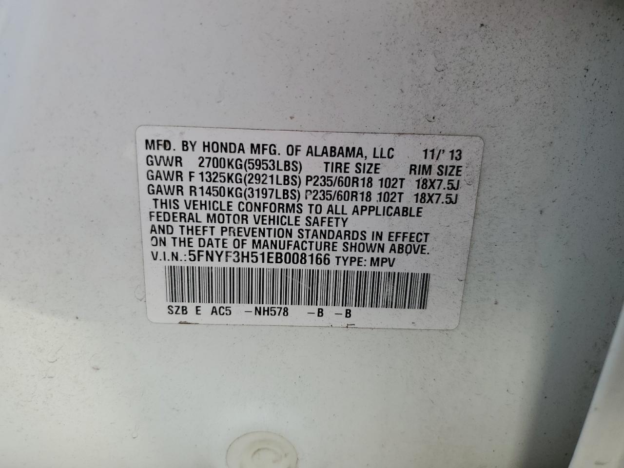 2014 Honda Pilot Exl VIN: 5FNYF3H51EB008166 Lot: 66922674