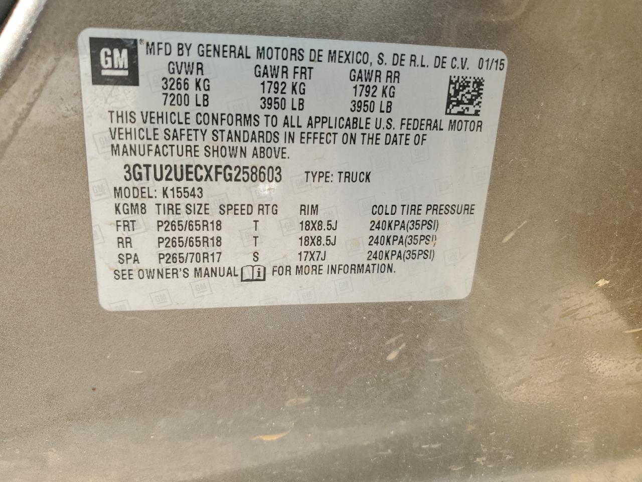 3GTU2UECXFG258603 2015 GMC Sierra K1500 Sle