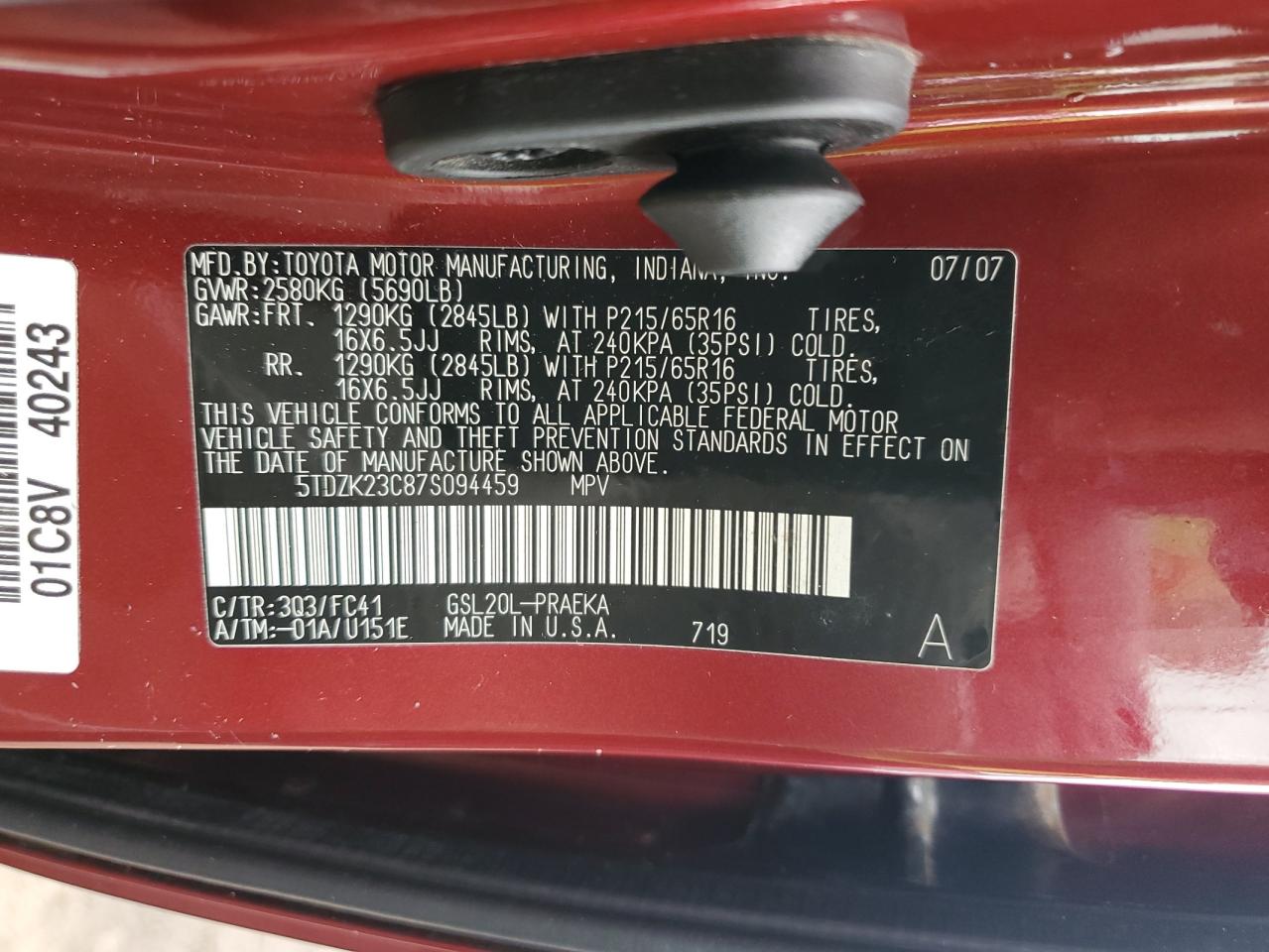 5TDZK23C87S094459 2007 Toyota Sienna Ce