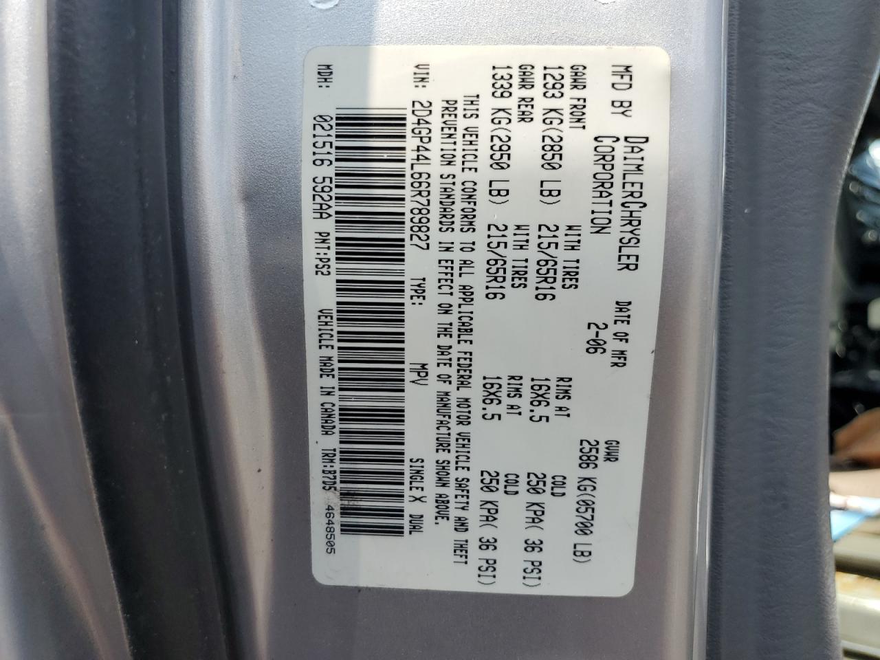 2006 Dodge Grand Caravan Sxt VIN: 2D4GP44L66R789827 Lot: 65677114