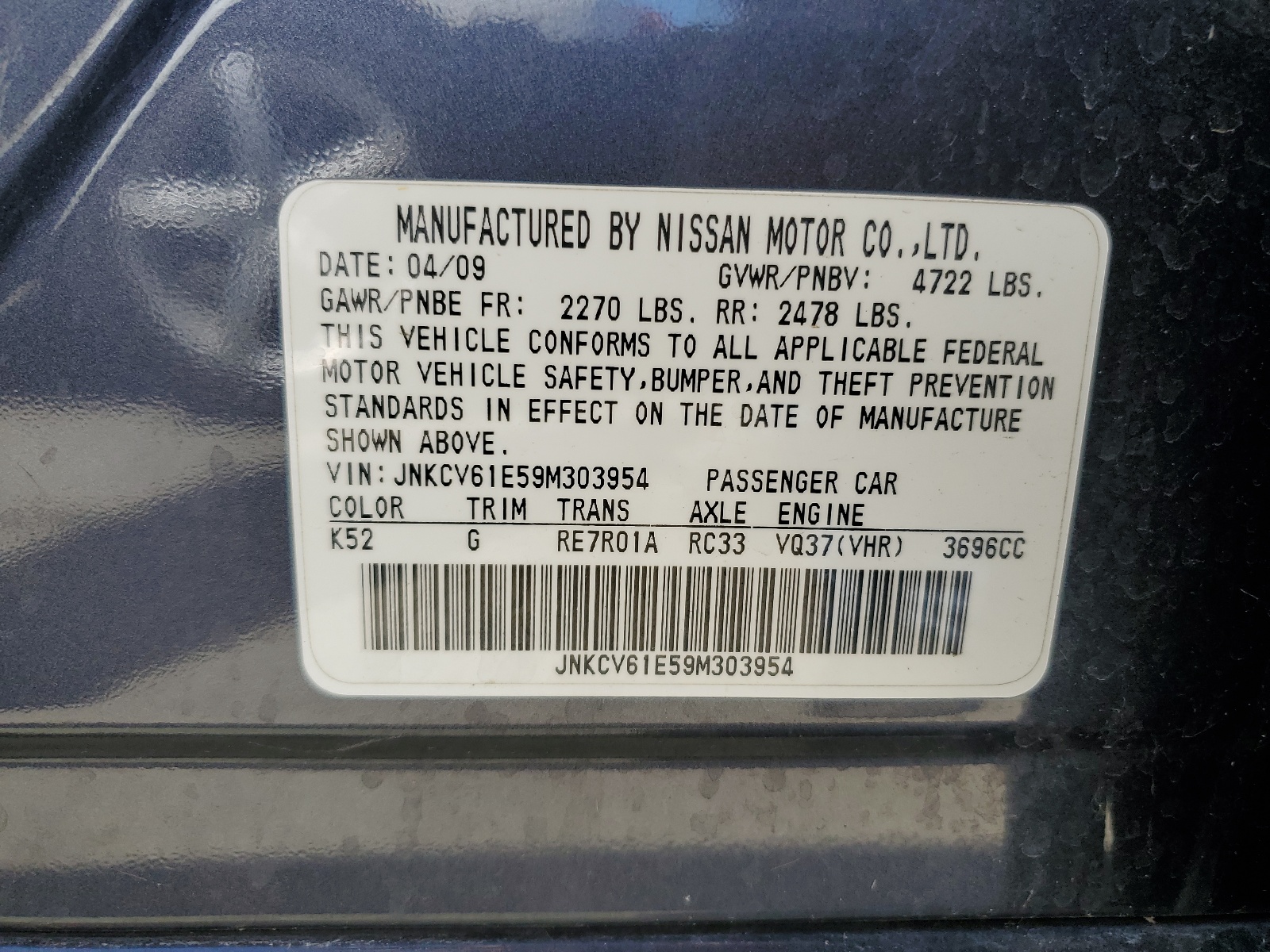 JNKCV61E59M303954 2009 Infiniti G37 Base