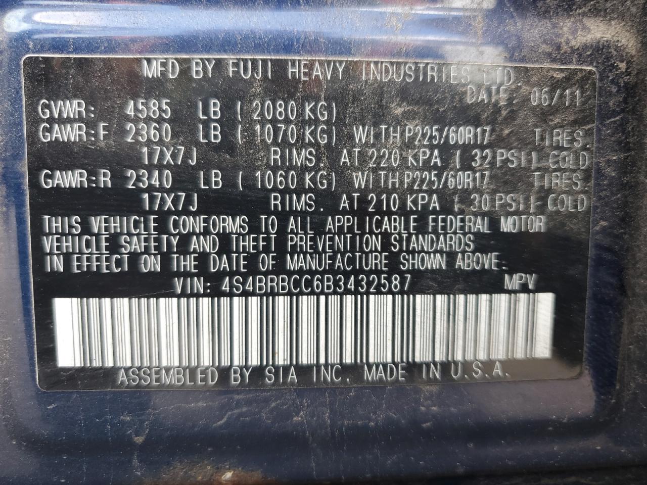 2011 Subaru Outback 2.5I Premium VIN: 4S4BRBCC6B3432587 Lot: 67749684