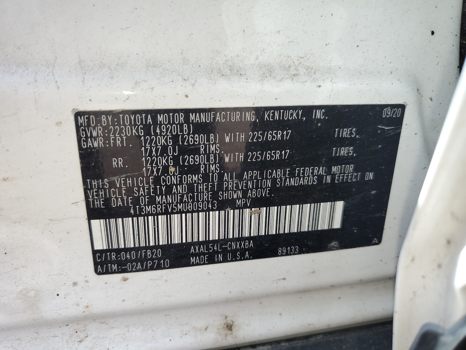 4T3M6RFV5MU009043 2021 Toyota Rav4 Le