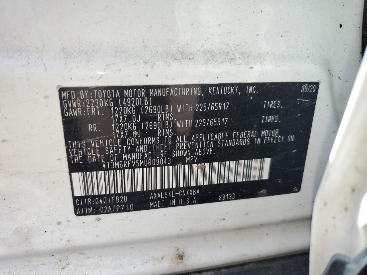 2021 Toyota Rav4 Le VIN: 4T3M6RFV5MU009043 Lot: 68831004