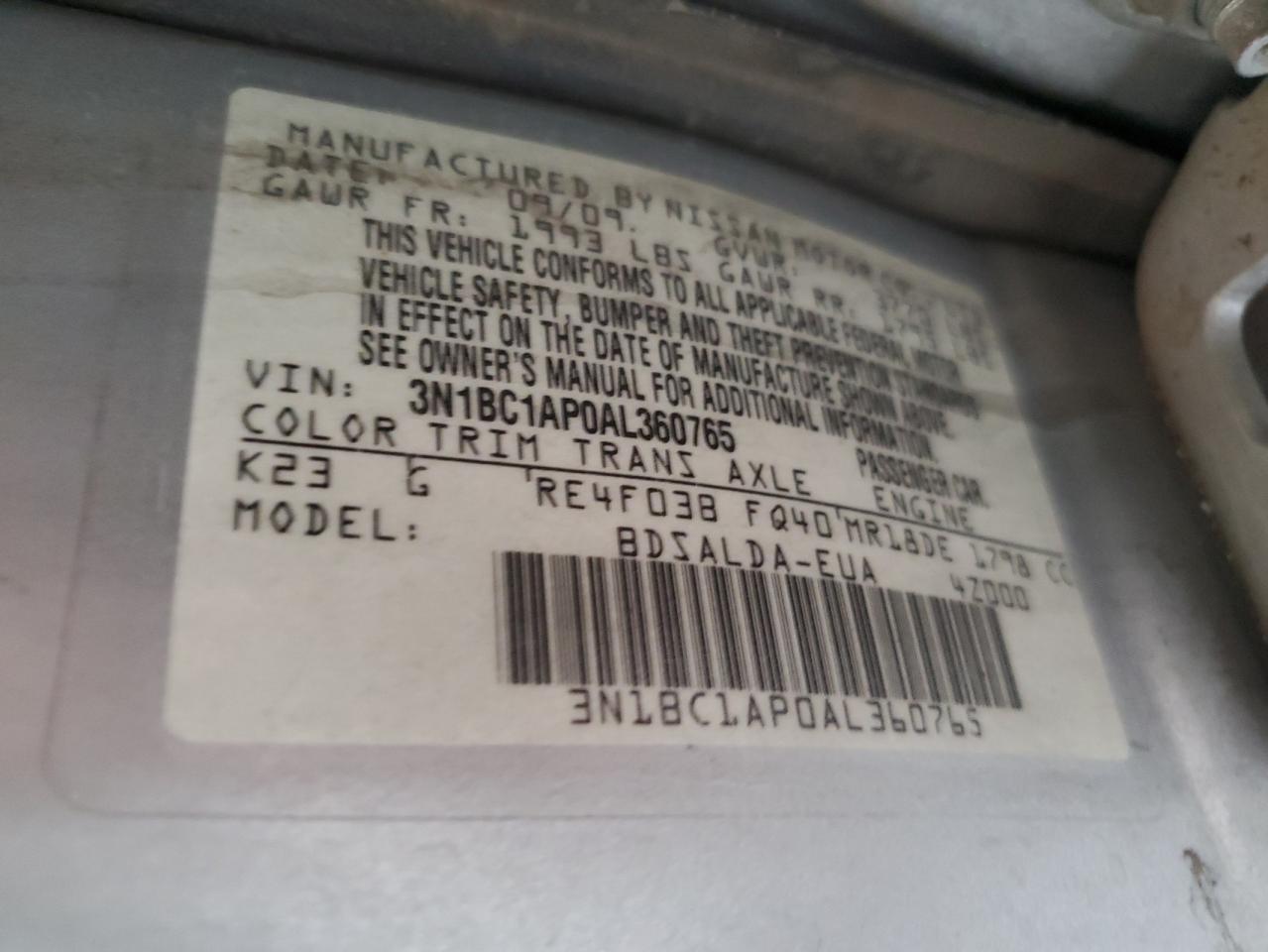 2010 Nissan Versa S VIN: 3N1BC1AP0AL360765 Lot: 65414954