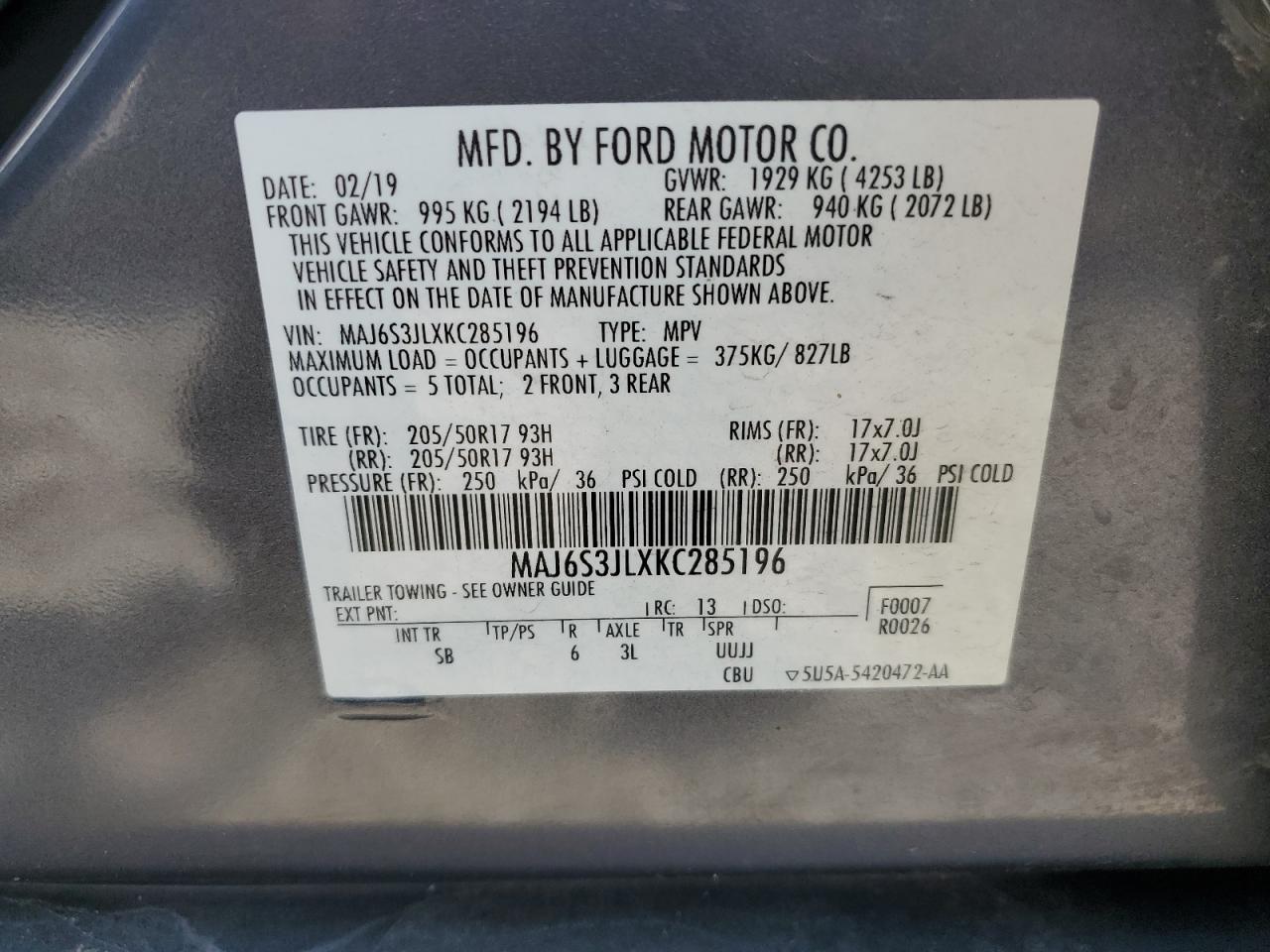 2019 Ford Ecosport Ses VIN: MAJ6S3JLXKC285196 Lot: 67322614