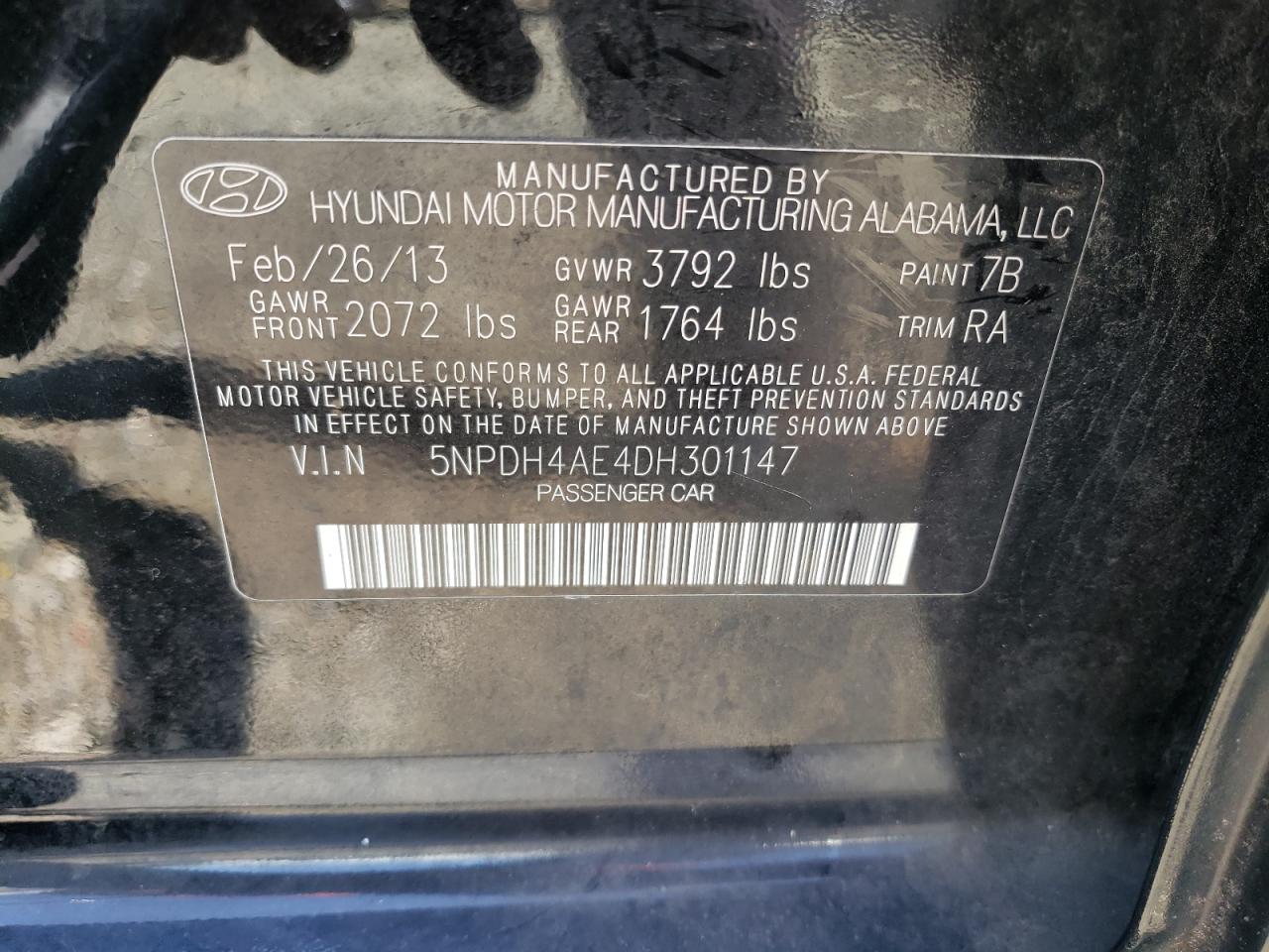 5NPDH4AE4DH301147 2013 Hyundai Elantra Gls