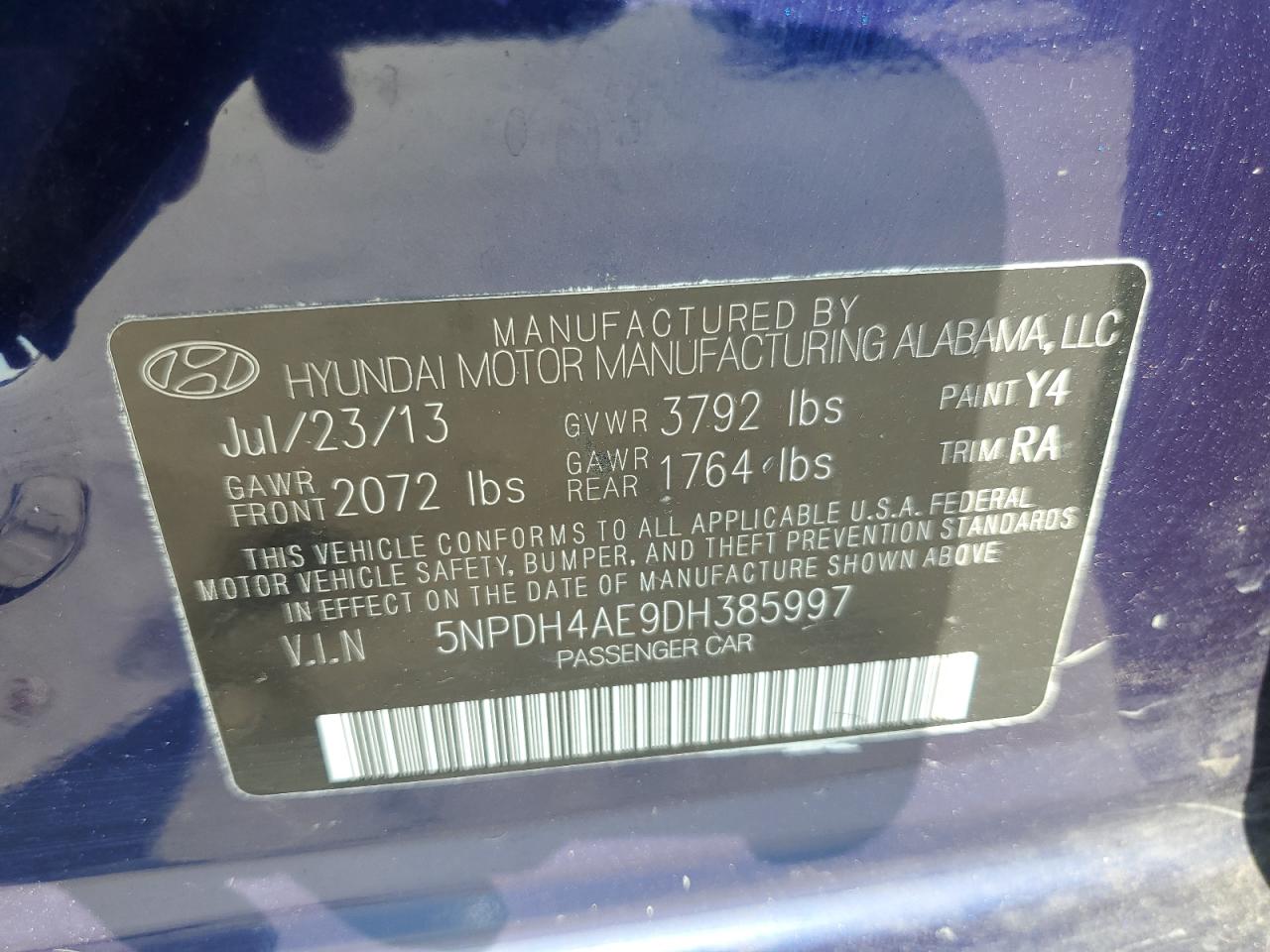 5NPDH4AE9DH385997 2013 Hyundai Elantra Gls