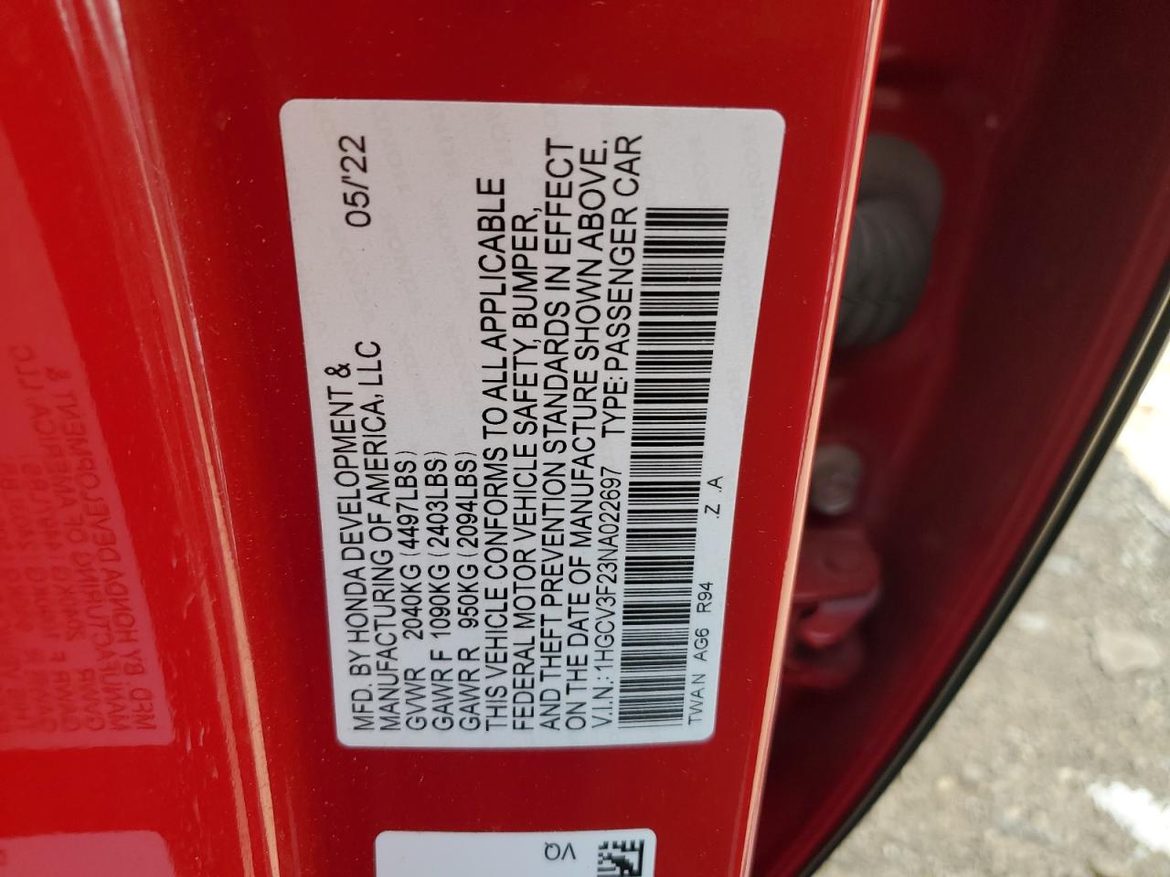 1HGCV3F23NA022697 2022 Honda Accord Hybrid Sport