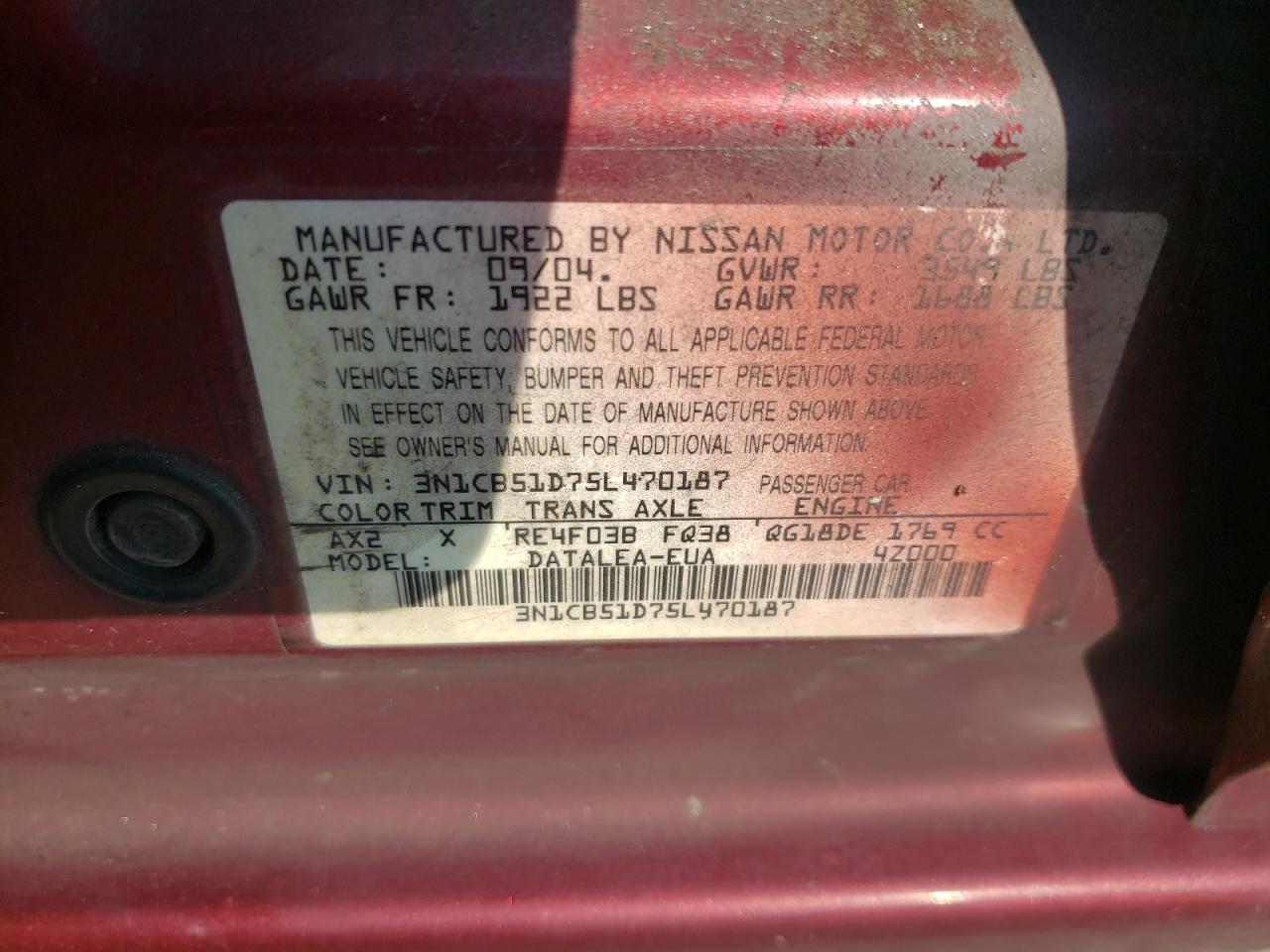 2005 Nissan Sentra 1.8 VIN: 3N1CB51D75L470187 Lot: 69378094